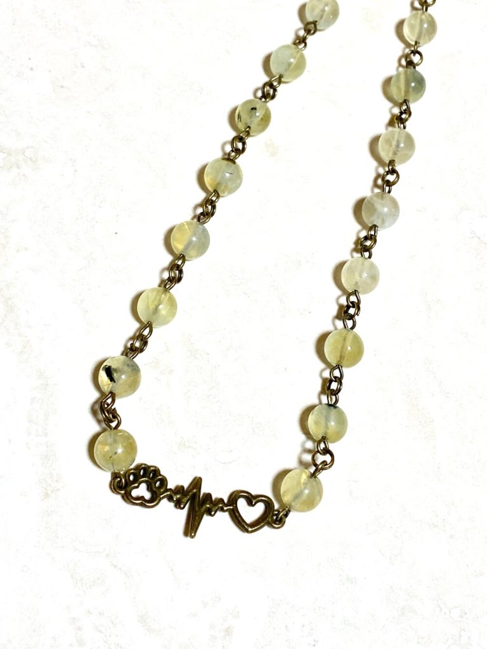 Yellow Green Prehnite Short Necklace,Gemstone & Bronze Paw Print Heart Beat